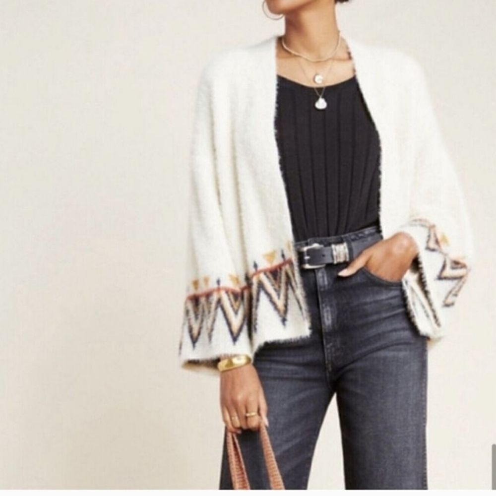 Anthropologie MAYA ivory fuzzy sweater kimono
